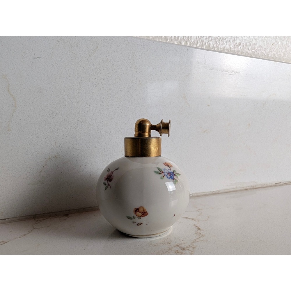 Vintage Floral Porcelain Perfume Atomizer White Ceramic Gold Tone Vanity Bottle